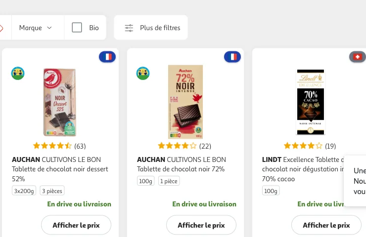 Grille produits d’Auchan Drive avec les badges d’origine sur chaque carte produit