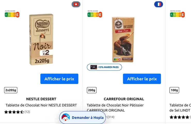 Grille produits de Carrefour avec les badges d’origine sur chaque carte produit