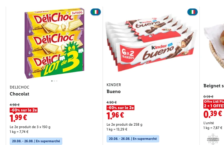 Grille produits de Lidl avec les badges d’origine sur chaque carte produit